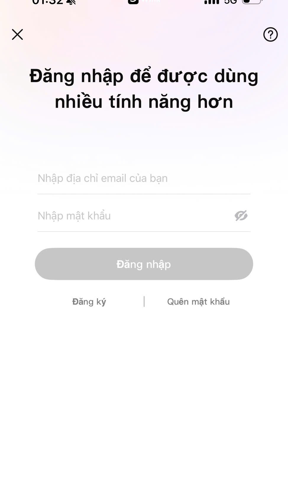 Màn hình đăng nhập tài khoản Wink VIP bằng email