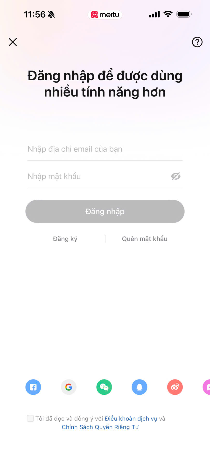Màn hình đăng nhập tài khoản Meitu VIP bằng email